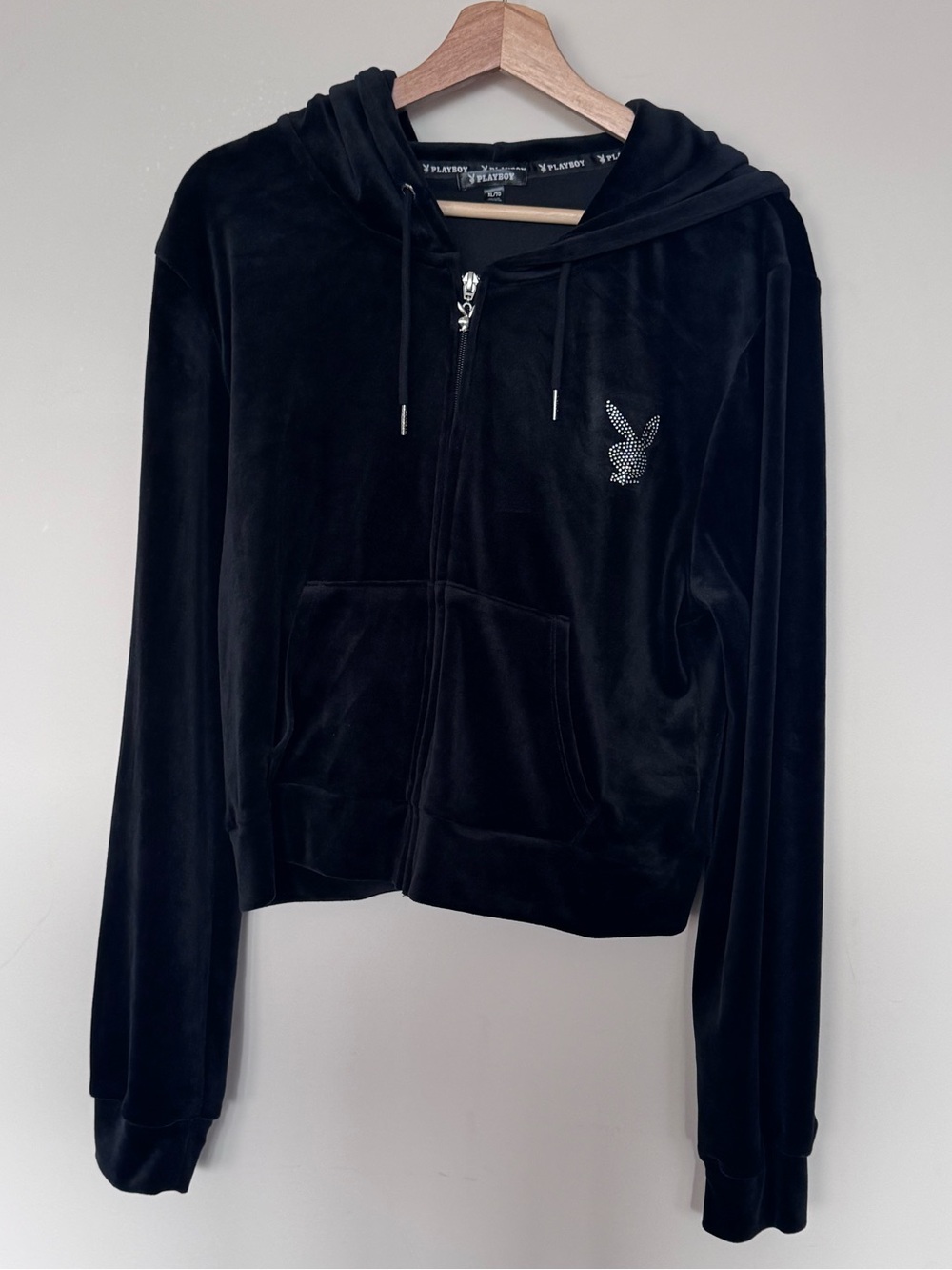 Women’s Playboy Black Velour Zip-Up Hoodie Jacket Y2K